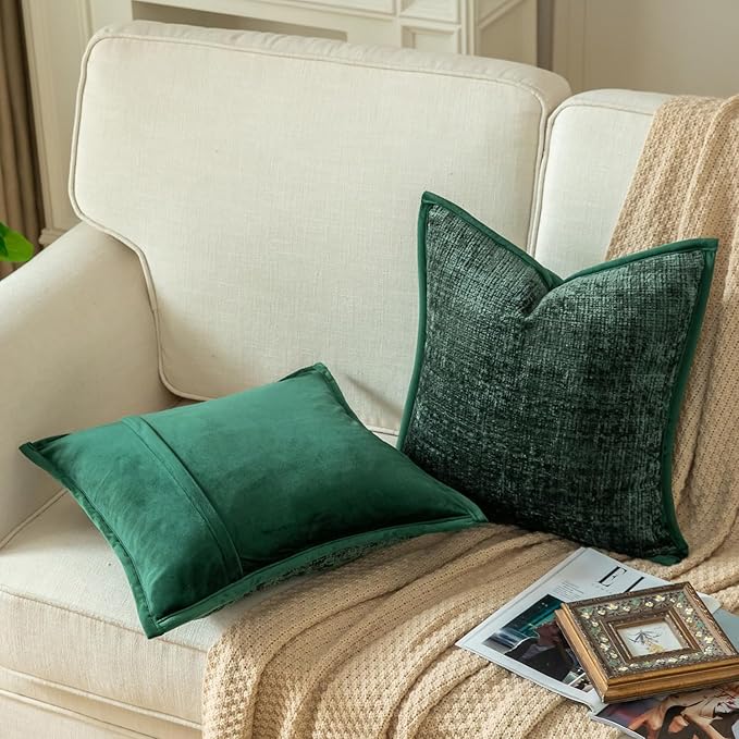 Yaertun Pack of 2 Chenille Textured Decorative Throw Pillow Covers Accent Solid Cushion Cover Soft Cozy Pillow Case with Velvet Back for Couch Sofa Bed Living Room 22x22 Inch Green