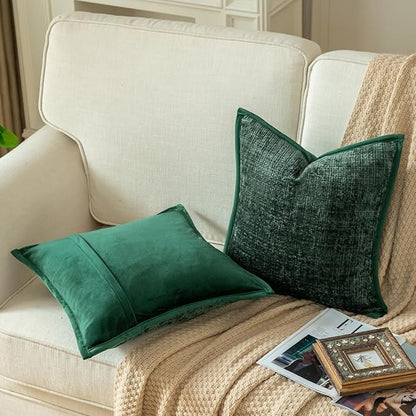 Yaertun Pack of 2 Chenille Textured Decorative Throw Pillow Covers Accent Solid Cushion Cover Soft Cozy Pillow Case with Velvet Back for Couch Sofa Bed Living Room 26x26 Inch Green