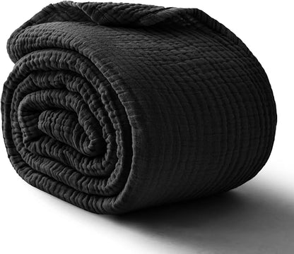 100% Cotton Muslin Blanket Queen 90" x 90", 6 Layers Breathable and Lightweight Cotton Throw Blankets for Bed, Soft Cooling Summer Gauze Blanket for Adults All Season, Black