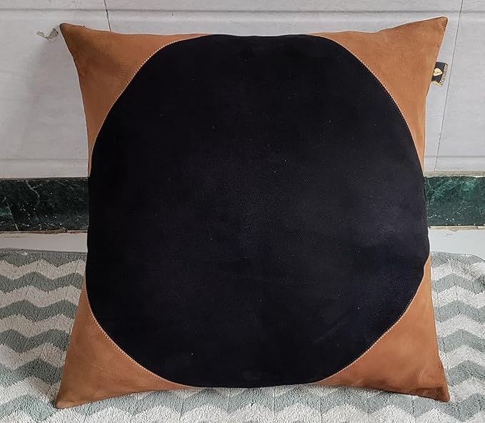 LL LEATHER LOVERS Lambskin Suede Leather Pillow Cover - Sofa Cushion Case - Decorative Throw Covers for Living Room & Bedroom, 14x14 Inches - Tan and Black (01) Pack of 2