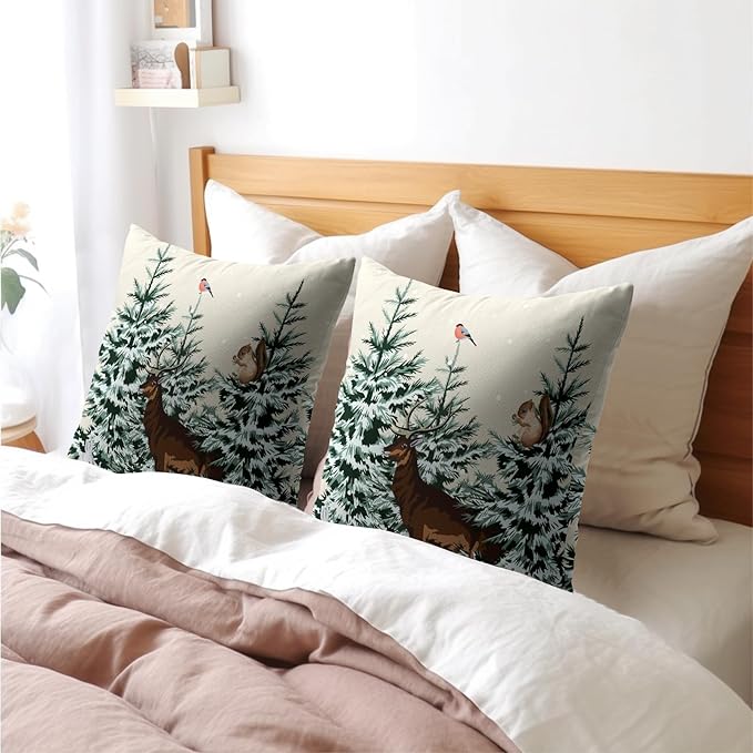Christmas Tree Pillow Covers 22x22 Set of 2 Deer Animal Print Decorative Outdoor Dark Green Xmas Throw Pillow Cases Rustic Snow Winter Holiday Decoration Farmhouse Sofa Couch Cushion Cover Bed Decor