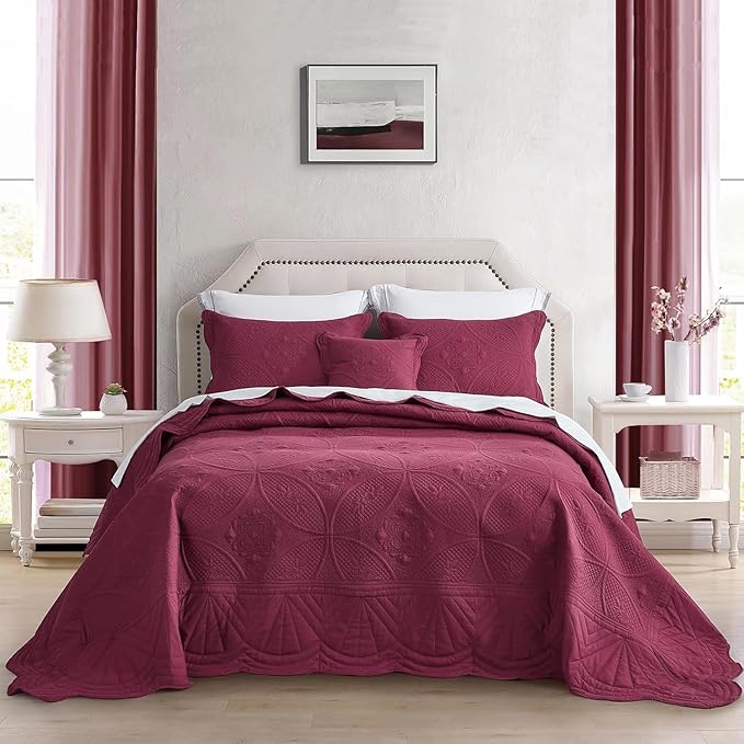 Bedspread - Full Size Bedding Cover - Modern & Contemporary Coverlet Set, Real Stitching, Reversible, Lightweight, 5 Piece, Burgundy