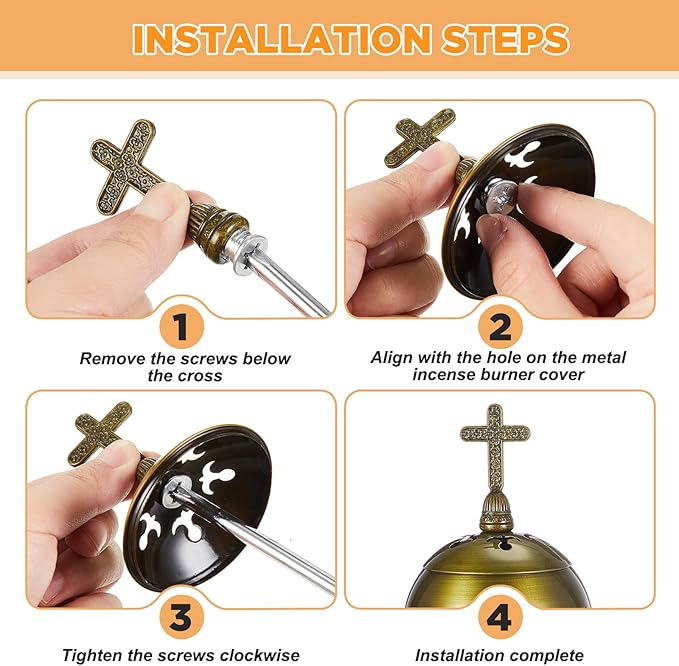Zonon Catholic Incense Burner with Tong Charcoal Polished Metal Brass Censer Holder Christian Church Censer Burner Holder Cones Cross 7. 9" Aromatherapy Fragrance Ornament(Bronze)