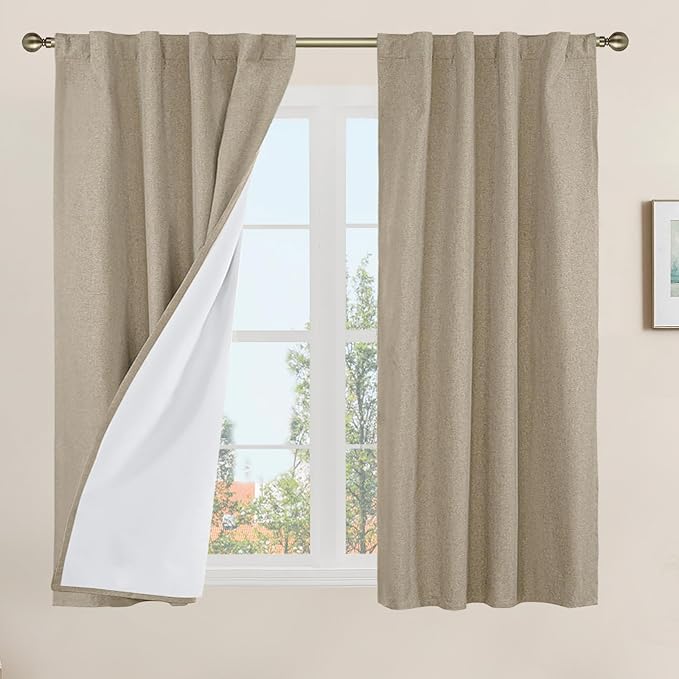 LAMIT Natural 100% Blackout Linen Curtains, 45 Inches Linen Textured Thermal Bedroom Curtains Back Tab and Rod Pocket Neutral Panels with White Liner for Farmhouse, 2 Panels, 38 x 45 Inch, Taupe