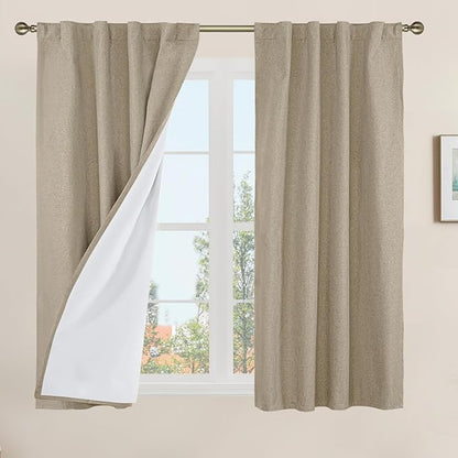 LAMIT Natural 100% Blackout Linen Curtains, 45 Inches Linen Textured Thermal Bedroom Curtains Back Tab and Rod Pocket Neutral Panels with White Liner for Farmhouse, 2 Panels, 38 x 45 Inch, Taupe