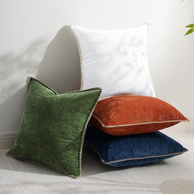 decorUhome Spring Chenille Soft Throw Pillow Covers 20x20 Set of 2, Farmhouse Velvet Neutral Decorative Pillow Covers with Stitched Edge for Couch Sofa Bed Home Decor, Forest Elf