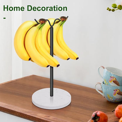 Double Hooks Standing Banana Holder, Banana Hanger Tree Stand Hook for Kitchen Countertop, Sturdy and Balanced Fruit Shelves with Storage on Both Sides.(Black)