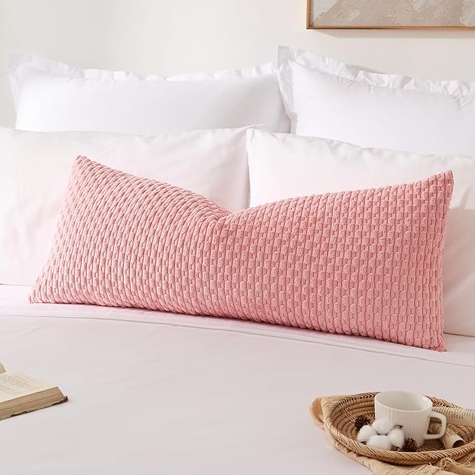 Kevin Textile 14x36 Inch Long Lumbar 1 Pack Boho Decorative Throw Pillow Cover Soft Striped Corduroy Rectangle Cushion Case Farmhouse Accent for Living Room Couch Sofa Bed, Dark Pink