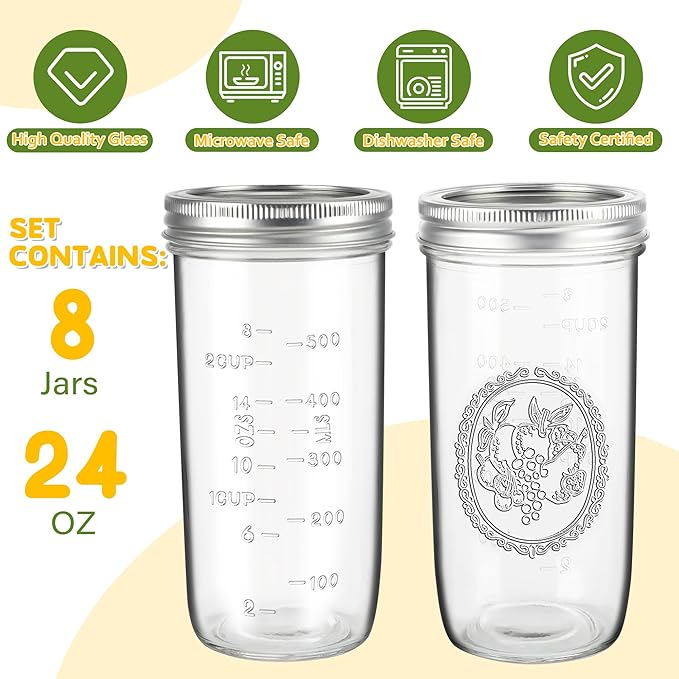 Mason Jars Wide Mouth 24oz - 8 pack Glass Pickle Canning Jars Food Storage With Airtight Mason Jar lids and Bands for Canning, Preserving, Fermenting, Pickling, DIY Projects