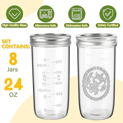 Mason Jars Wide Mouth 24oz - 8 pack Glass Pickle Canning Jars Food Storage With Airtight Mason Jar lids and Bands for Canning, Preserving, Fermenting, Pickling, DIY Projects