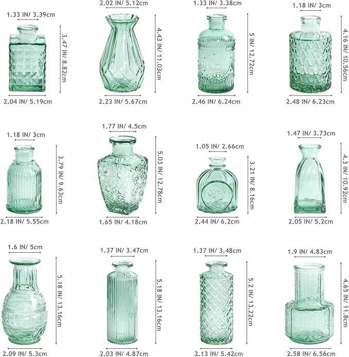 Aqua Green Glass Bud Vase Set of 12, Vintage Mini Flower Vases for Centerpieces, Wedding Table, Assorted Textured Small Glass Vase Bulk for Baby Shower, Bridal Shower, Parties, Home Decor