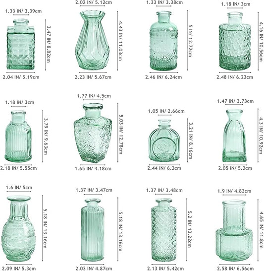 Aqua Green Glass Bud Vase Set of 12, Vintage Mini Flower Vases for Centerpieces, Wedding Table, Assorted Textured Small Glass Vase Bulk for Baby Shower, Bridal Shower, Parties, Home Decor