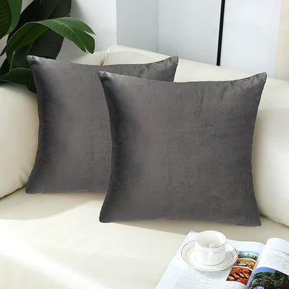 mixeoo Dark Grey Comfy Couch Throw Pillow Covers Decorative Velvet Square Cushion Cases for Livingroom Sofa Decor, Set of 2,18 x 18 Inches