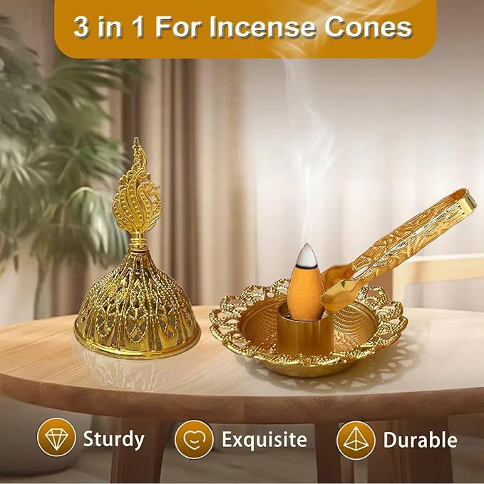 Majewel 3 in 1 Incense Holder, Vintage Incense Holders for Sticks with 9 Holes, Incense Burner Ash Catcher, Brass Incense Stick and Cone Burner for Meditation, Yoga, Home Decor (Wand)