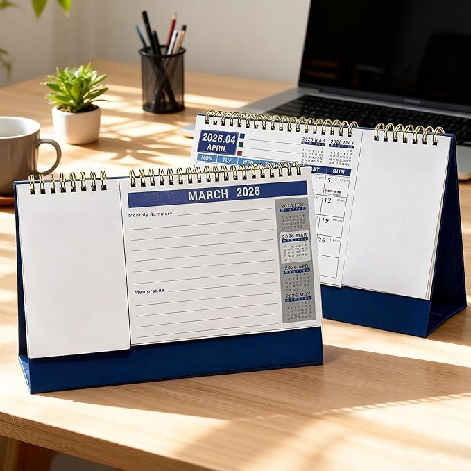 Desk Calendar Jan 2026 - Dec 2028, 10.43" x 7.3" Standing Flip 3-Year Desktop Calendar Monday Start with Memo Pad Golden Wire-Binding, Holiday Markings & 2 Sticker Sheets