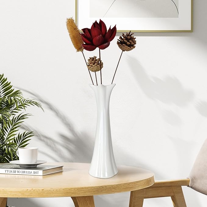 12Inch Tall White Ceramic Vase for Home Decor, Modern Textured Vase for Living Room, Farmhouse, Shelf, Table Centerpieces