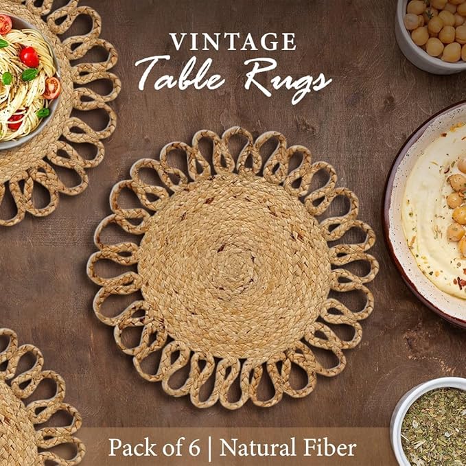 MORE Jute Hand Braided Placemats Set of 6 | 15 Inches Round Tablemats for Kitchen, Dining Table Top Rug Mats & Dinner Table Placemat Pads Mates | Rustic Natural Fiber Vintage Rugs Mat, Natural Beige