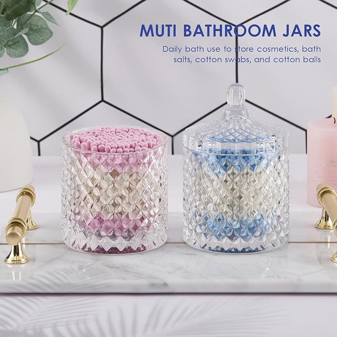 2 Pack Qtip Holder Cotton Round Ball Holder Set, Apothecary Jars Glass Bathroom Storage jars with Lids for Bathroom Decor, Qtip Dispenser for Cotton Swab,Cutip