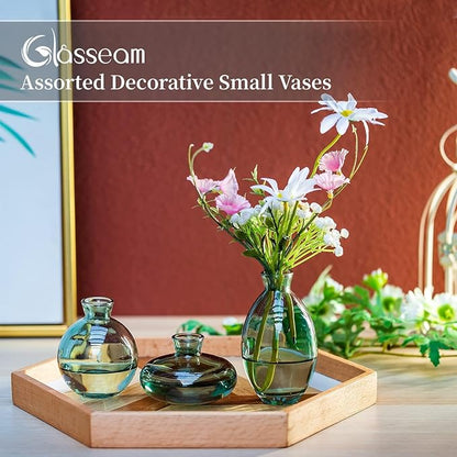 Glass Bud Vase for Centerpieces: 12Pcs Glasseam Green Mini Small Vases for Flowers Bulk Flower Vase Set Aesthetic Cute Handmade Tiny Short Wedding Table Centerpiece Decor