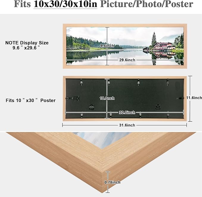10x30 Frame Natural Woodgrain,Rustic 30x10 Picture Frame Beige, Art Pic Hanging Poster Frame, 10 by 30 Gallery Family Concert Portrait Photo Frame Anniversary/Birthday/Wedding/Thank you/Christmas Gift