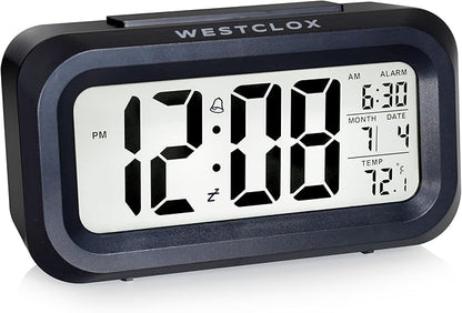 Westclox Digital LCD Alarm Clock with Large 1.4" Display, White Backlight on Demand, Month/Date and Temperature Display, Ascending 5-Minute Snooze Alarm – Bedroom or Office (Black)