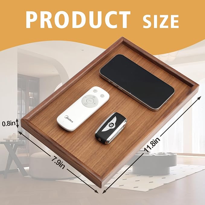SANZIE Walnut Wooden Tray Desktop Storage Organizer Premium Serving Valet Tray Decorative Tray for Sundries Cosmetics Keys Phone Wallet Cutlery (Walnut Wood)