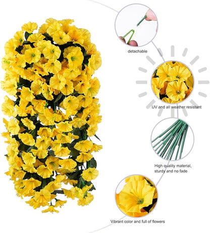 HyeFlora Artificial Fake Hanging Flowers Plants for Outdoor Outside Decoration, 2PCS Faux Silk UV Resistant Look Real Yellow Morning Glory Trailing Vines for Home Planter Porch Patio Balcony