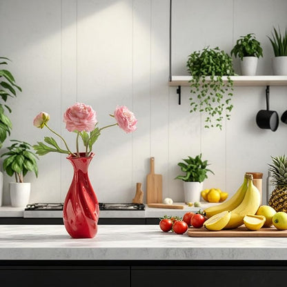 Christmas Red Ceramic Vase for Modern Home Decor - Unique Wavy Shape Decorative Vase for Living Room, Bedroom - Ideal Gift for Women, Valentine's Day, Housewarming (ChifonCyan 7.87 Inches)