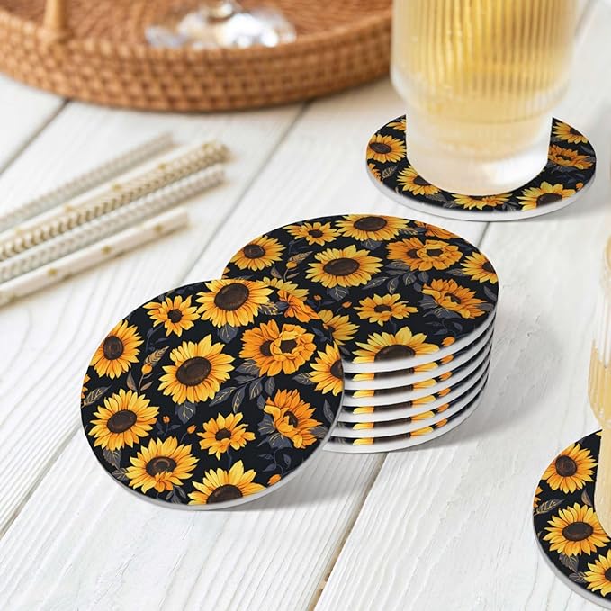 6 Pcs Ceramic Coasters with Holder Absorbent Drink Round Sunflower Style6 Design for Home Table Coffee Cup Wine Beer Bar,Size 4.4 inches