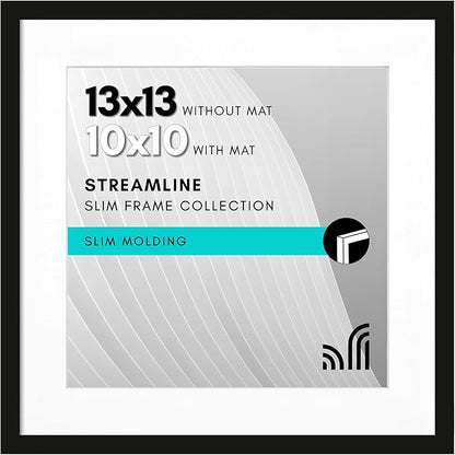 Americanflat 13x13 Picture Frame with Polished Plexiglass - Use as 10x10 Frame with Mat or Display 13x13 Photo Without Mat - Streamline Collection - Thin Border Square Frames for Wall Display - Black