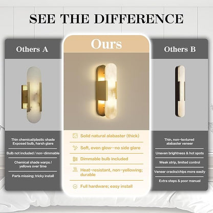 13.8" Brass Alabaster Wall Sconces, Hardwired Indoor Lights, Natural Alabaster Stone Shade, Modern Oval Vanity Lighting for Bedroom, Bathroom, Hallway, Stairs