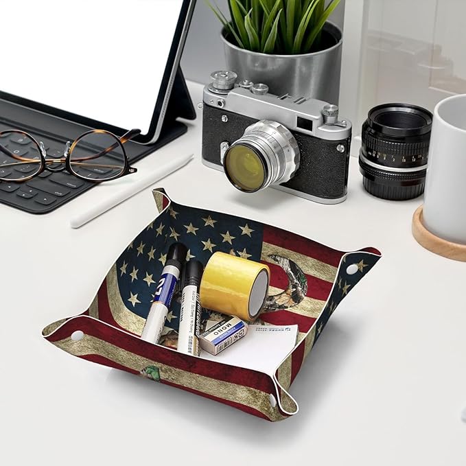 Valet Tray for Men Husband Boyfriend – Catchall Bedside Vanity Tray, Nightstand Caddy Leather Holder for Keys, Phone, Wallet, Coins, Trinkets & Jewelry Camo Deer American Flag Hunting 019