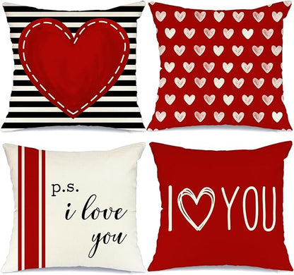 GEEORY Valentine's Day Pillow Covers 16 x 16 Inch Set of 4 - Red Black Stripes Love Heart I Love You Throw Pillows Decorative Cushion Cases for Valentine Decor