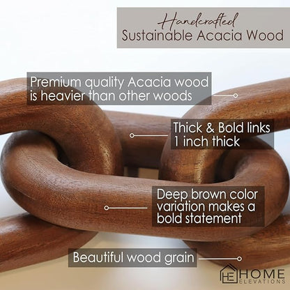 Acacia Wood Chain Link Decor- Brown with Subtle Red Undertone Decorative Chain Links for Coffee Table, Book Shelves, & Racks - Modern Rustic Home Decor Gift Ideas for Housewarming & Wedding