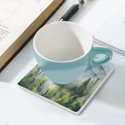 Square-4PCS Forest Drink Coasters, Square Modern Ceramic Absorbent Coasters, Watercolor Style Nature Woodland Green Forest Mountain Plant Decor Desk Coffee Table Coaster for Beverage Cup Tea Coasters