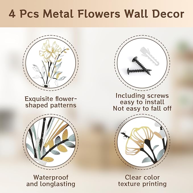 Buseeau 4Pcs Metal Flowers Wall Arts, Rustic Farmhouse Wall Decor Set, Bathroom Wall Art & Metal Wall Art with Included Nails for Bathroom Living Room Dining Room Bedroom, Housewarming Gifts
