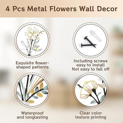 Buseeau 4Pcs Metal Flowers Wall Arts, Rustic Farmhouse Wall Decor Set, Bathroom Wall Art & Metal Wall Art with Included Nails for Bathroom Living Room Dining Room Bedroom, Housewarming Gifts