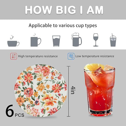 6 Pcs Drink Coasters with Holder,Abstract Flower Absorbent Round Ceramic Coaster for Tabletop Protection,for Coffee Cup Beverage Coasters Wine Beer Bar