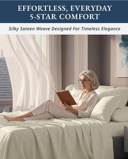 100% Egyptian Cotton Sheet Set Queen Size – Silky Sateen Weave Queen Sheet Set for Winter Sleep Comfort, 15" Snug Fit Deep Pocket, Breathable Hotel-Quality Soft Luxury You Can Feel - Swiss Dot Ivory