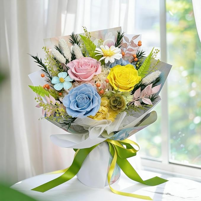 HUACHIPLUS Preserved Bouquet: Fresh Flowers Bouquet-Cute Sweet Gifts for Women Wife Girlfriend Mom-Flowers for Delivery Prime on Christmas Valentines Day Anniversary Mothers Day Birthday (dopamine2)