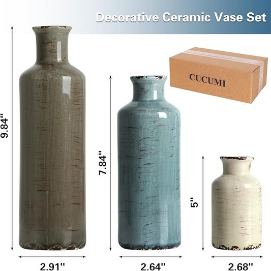 CUCUMI Ceramic Flower Vases Set of 3, Rustic Coastal Home Decor for Farmhouse Shelves, Ocean Beach Style, Mantle, Fireplace, Coffee Table, Shelf for Living Room