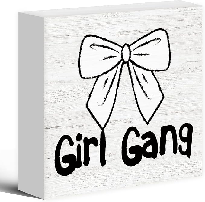 Coquette Trendy Bow Wood Box Sign Desk Decor, Preppy Girl Gang Decor, Girly Balletcore Wooden Block Sign Decorations for Home Girly Bedroom College Dorm Living Room Wall Tabletop Shelf Decor