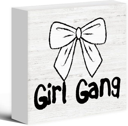 Coquette Trendy Bow Wood Box Sign Desk Decor, Preppy Girl Gang Decor, Girly Balletcore Wooden Block Sign Decorations for Home Girly Bedroom College Dorm Living Room Wall Tabletop Shelf Decor