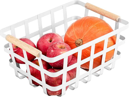 Wire Metal Baskets Storage Organizer Farmhouse Baskets with Wood Handles for Pantry Cabinets Store Fruit, Coffee, Spices, Pasta, Baking Supplies - White