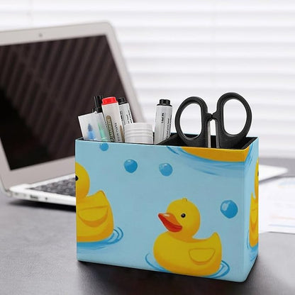 Leather Desk Pen Container Large Table Pencil Holder Makeup Brush Storage Yellow Rubber Ducks Bubbles