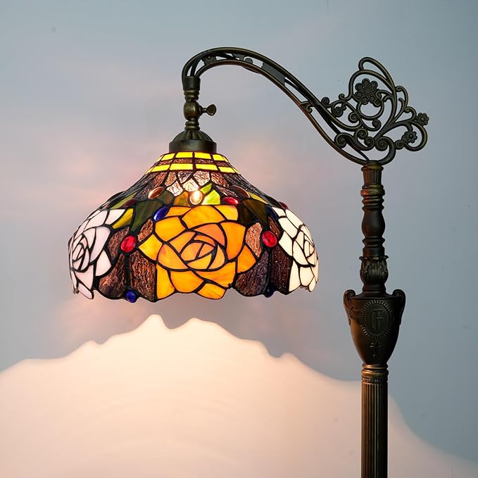 Tiffany Floor Lamp Vintage Standing Lamp Rose flowers Style Stained Glass Floor Light Rustic Corner Gooseneck Floor Lamp with Adjustable Angle for Home Decor Living Room Bedroom 12X12X63 Inches