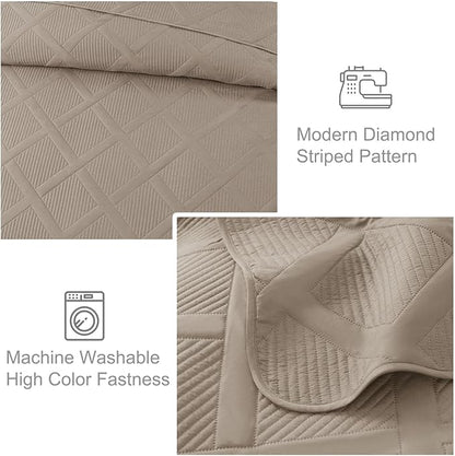 Exclusivo Mezcla Quilt Set Oversized King Size, 3 Pieces Taupe Cal King Quilt Bedding Set, Lightweight Quilts Soft Bedspreads Modern Striped Coverlets for All Seasons