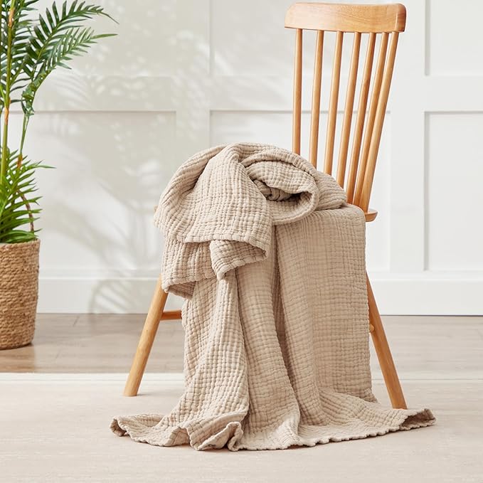 100% Cotton Muslin Blanket Twin 60" x 80", Breathable and Lightweight Cotton Twin Blankets for Couch, Soft Cooling Summer Gauze Blanket for Adults All Season, Beige