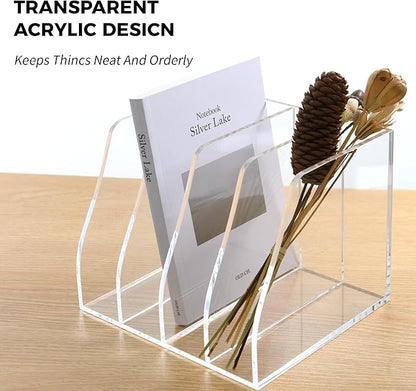 Acrylic Magazine File Holder, 4 Vertical Compartments Desk Document Sorter Organizer, Clear Folder Rack Binder for Office, Documents, Tablets, Magazines, Books – Home/Classroom Rack