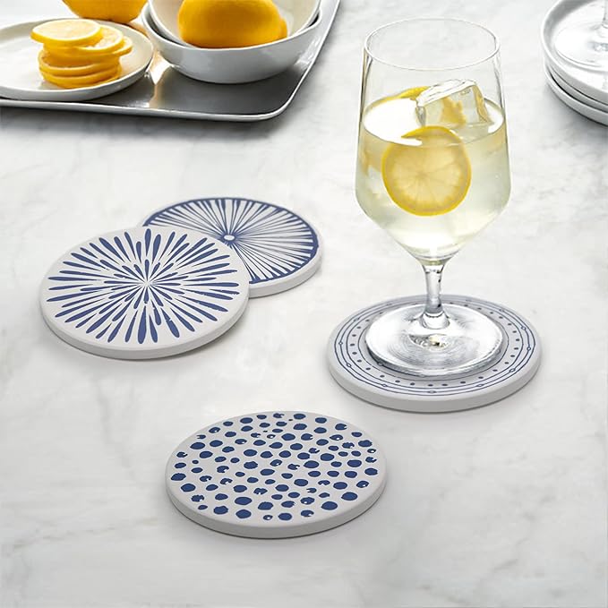 AD Set of 6 Coasters for Drinks Absorbing Round Ceramic Stone Coaster with Cork Base,Tabletop Protection Mat for Mugs and Cups,Office,Kitchen (Doris 2)